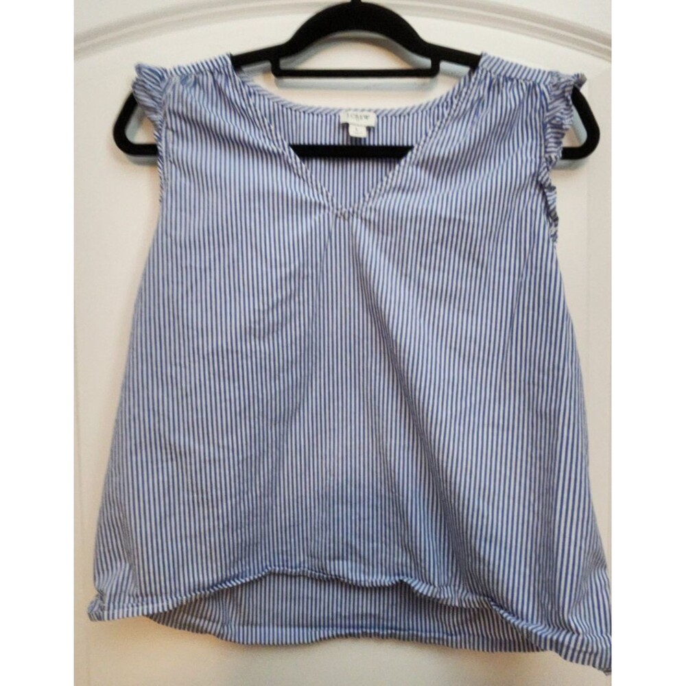 J.Crew Women’s Sleeveless Striped Top Size L Blue White Ruffle Trim Blouse